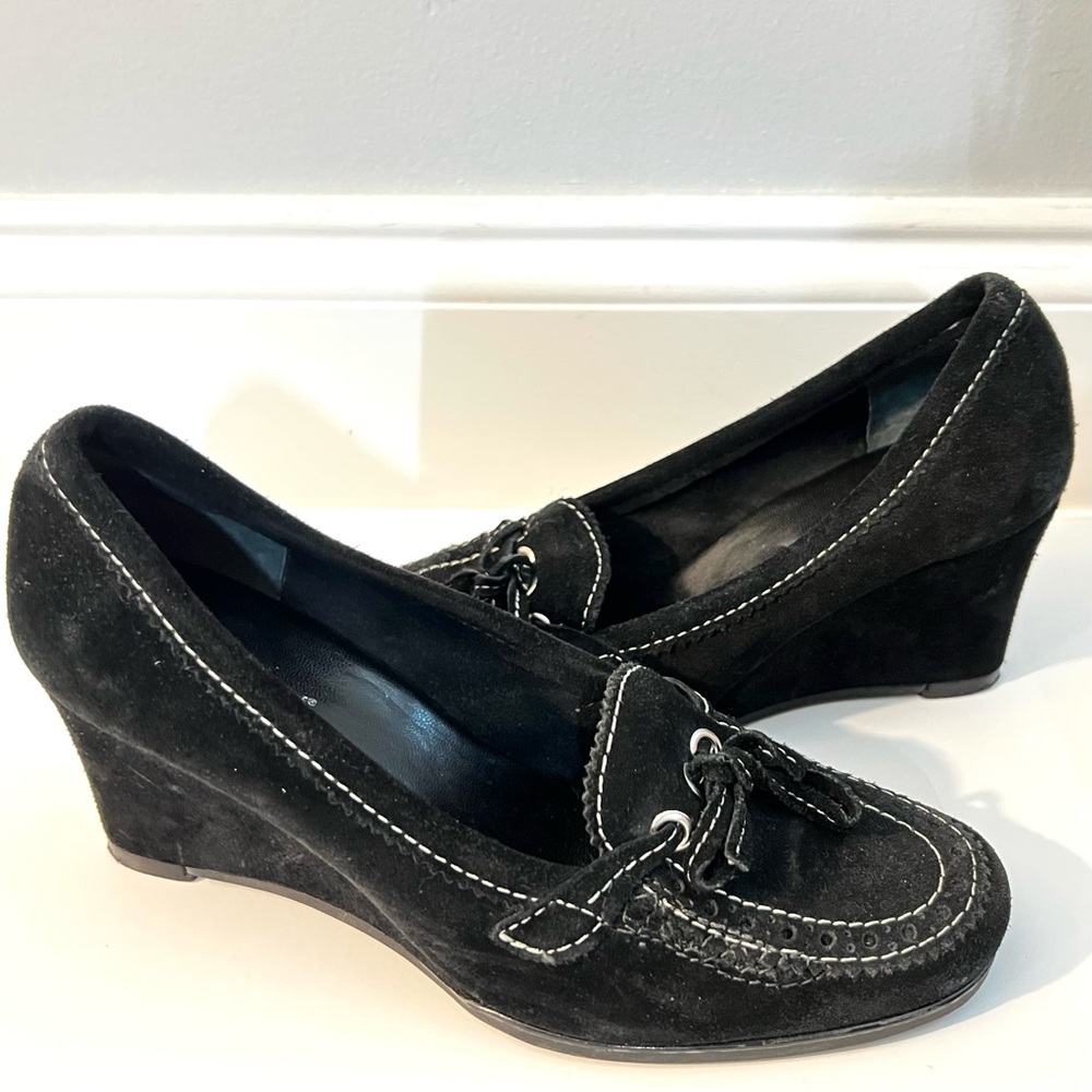Carole Little Black Wedge Shoes with Stitch Detail
